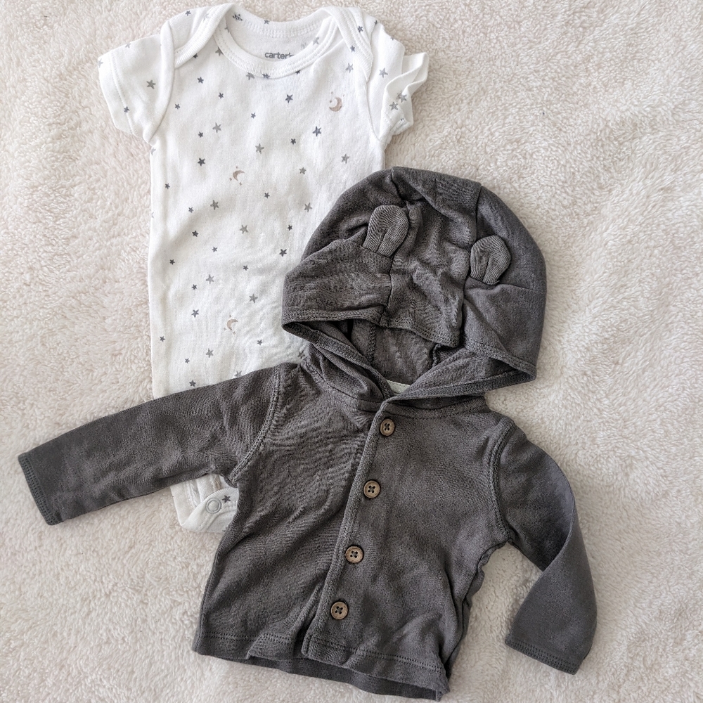 Carter's Newborn Grey button up Hoodie w/ a White Star/Moon T-shirt.